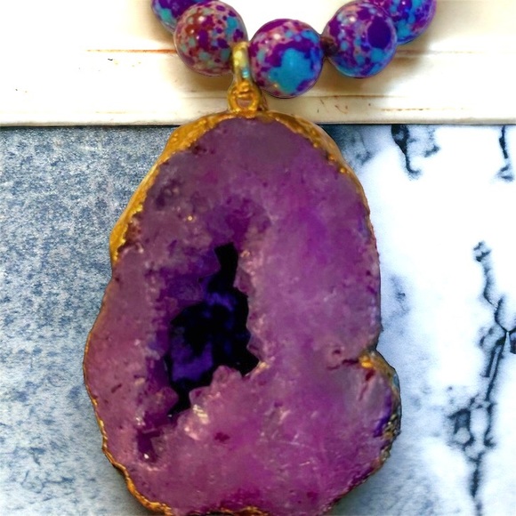 IMPERIAL JASPER NECKLACE W AMETHYST DRUZE/GOLD  PENDANT - Picture 6 of 8